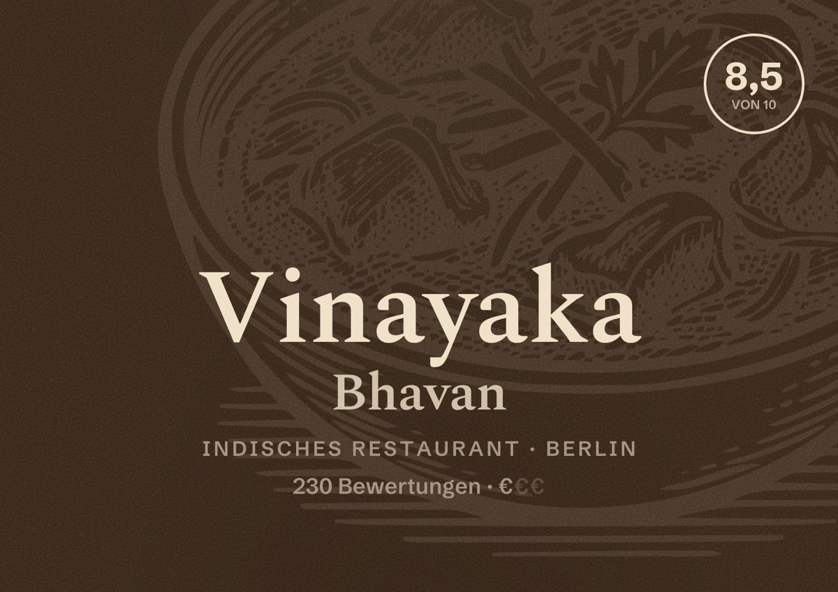 Illustriertes Poster von Vinayaka Bhavan, Indisches Restaurant in Berlin: Bewertung 8,5 von 10 aus 230 Bewertungen, Preisniveau €