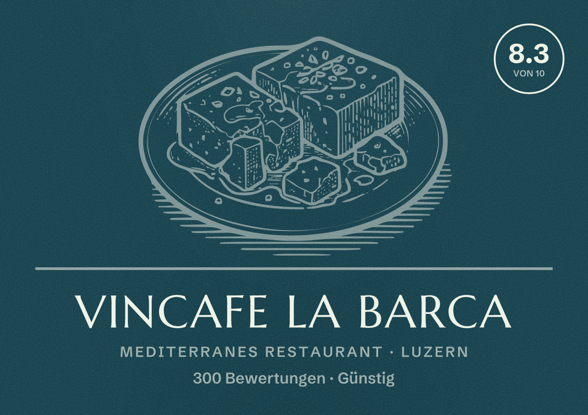Illustriertes Poster von Vincafe la barca, Mediterranes Restaurant in Luzern: Bewertung 8.3 von 10 aus 300 Bewertungen, Preisniveau Günstig