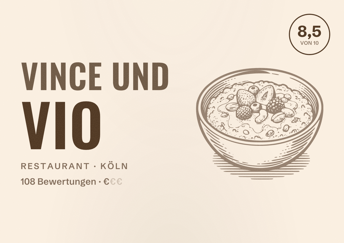 Illustriertes Poster von Vince und Vio, Restaurant in Köln: Bewertung 8,5 von 10 aus 108 Bewertungen, Preisniveau €