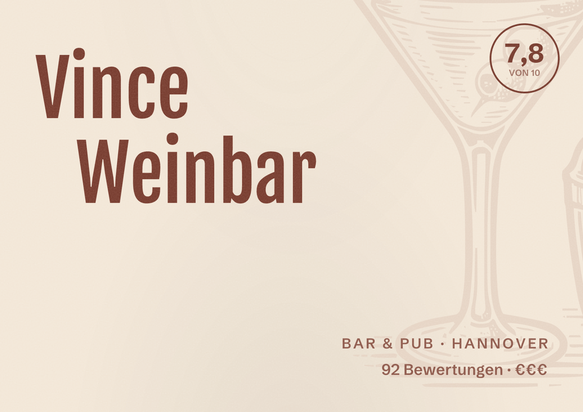 Illustriertes Poster von Vince Weinbar, Bar & Pub in Hannover: Bewertung 7,8 von 10 aus 92 Bewertungen, Preisniveau €€€