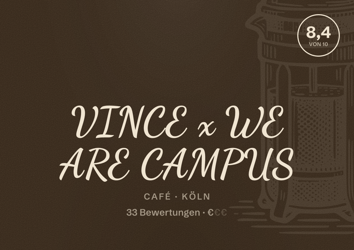 Illustriertes Poster von VINCE x WE ARE CAMPUS, Café in Köln: Bewertung 8,4 von 10 aus 33 Bewertungen, Preisniveau €