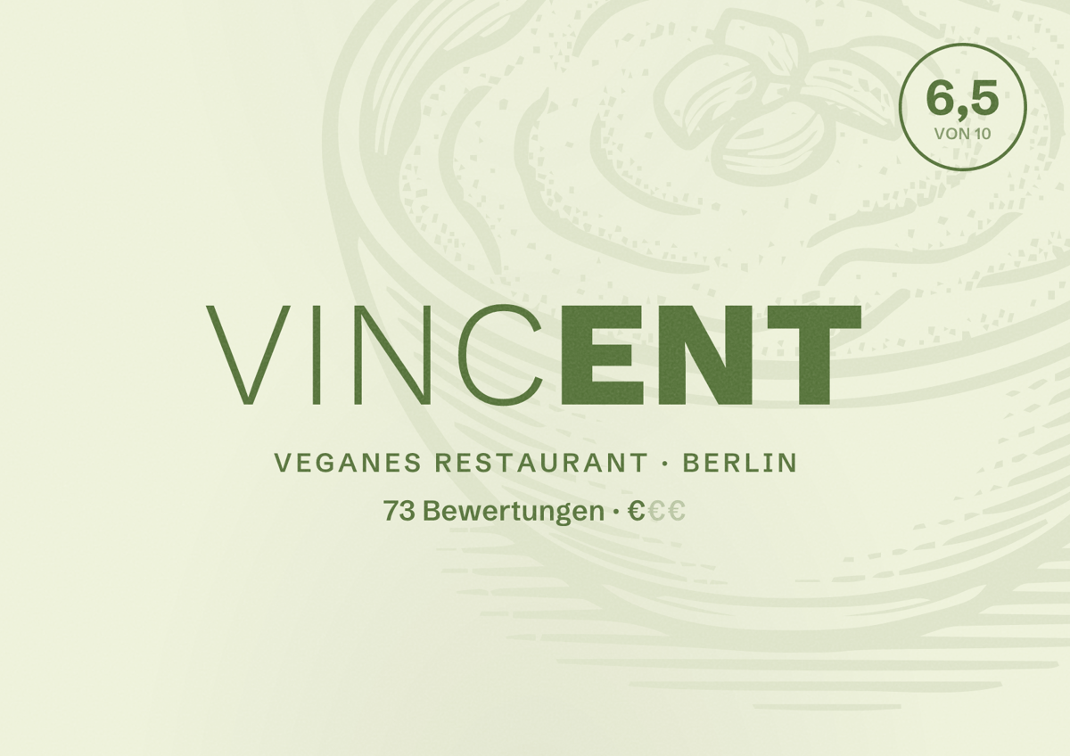 Illustriertes Poster von VINCENT, Veganes Restaurant in Berlin: Bewertung 6,5 von 10 aus 73 Bewertungen, Preisniveau €