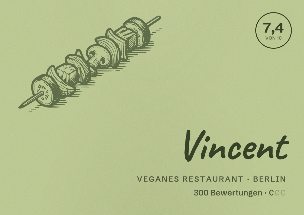Illustriertes Poster von Vincent, Veganes Restaurant in Berlin: Bewertung 7,4 von 10 aus 300 Bewertungen, Preisniveau €