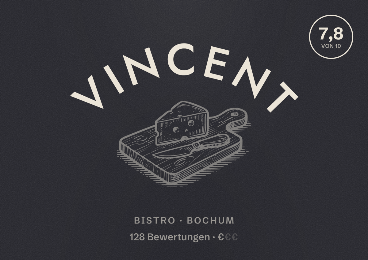 Illustriertes Poster von Vincent, Bistro in Bochum: Bewertung 7,8 von 10 aus 128 Bewertungen, Preisniveau €