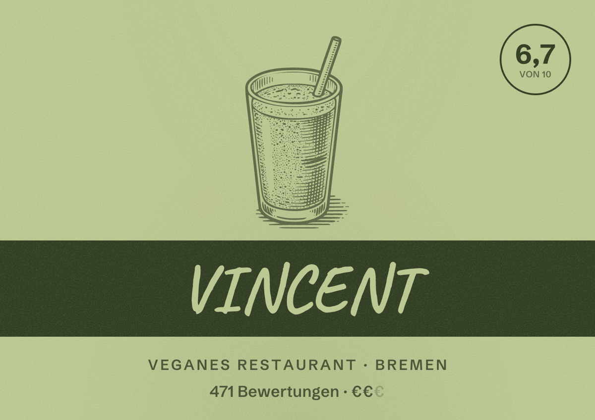 Illustriertes Poster von VINCENT, Veganes Restaurant in Bremen: Bewertung 6,7 von 10 aus 471 Bewertungen, Preisniveau €€