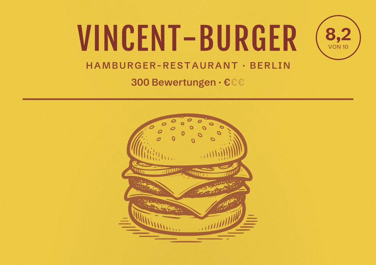 Illustriertes Poster von vincent-burger, Hamburger-Restaurant in Berlin: Bewertung 8,2 von 10 aus 300 Bewertungen, Preisniveau €