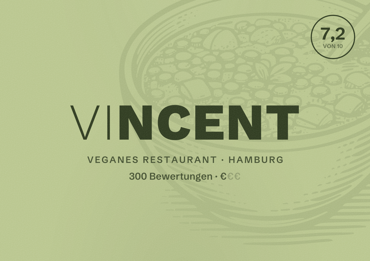 Illustriertes Poster von VINCENT, Veganes Restaurant in Hamburg: Bewertung 7,2 von 10 aus 300 Bewertungen, Preisniveau €