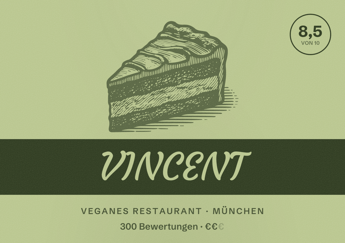 Illustriertes Poster von VINCENT, Veganes Restaurant in München: Bewertung 8,5 von 10 aus 300 Bewertungen, Preisniveau €€