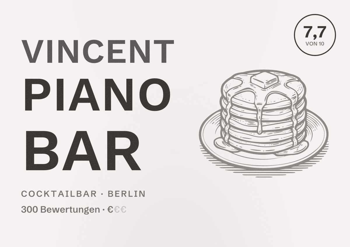 Illustriertes Poster von Vincent Piano Bar, Cocktailbar in Berlin: Bewertung 7,7 von 10 aus 300 Bewertungen, Preisniveau €
