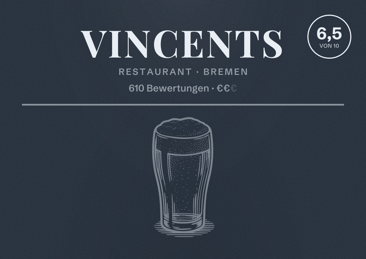 Illustriertes Poster von Vincents, Restaurant in Bremen: Bewertung 6,5 von 10 aus 610 Bewertungen, Preisniveau €€