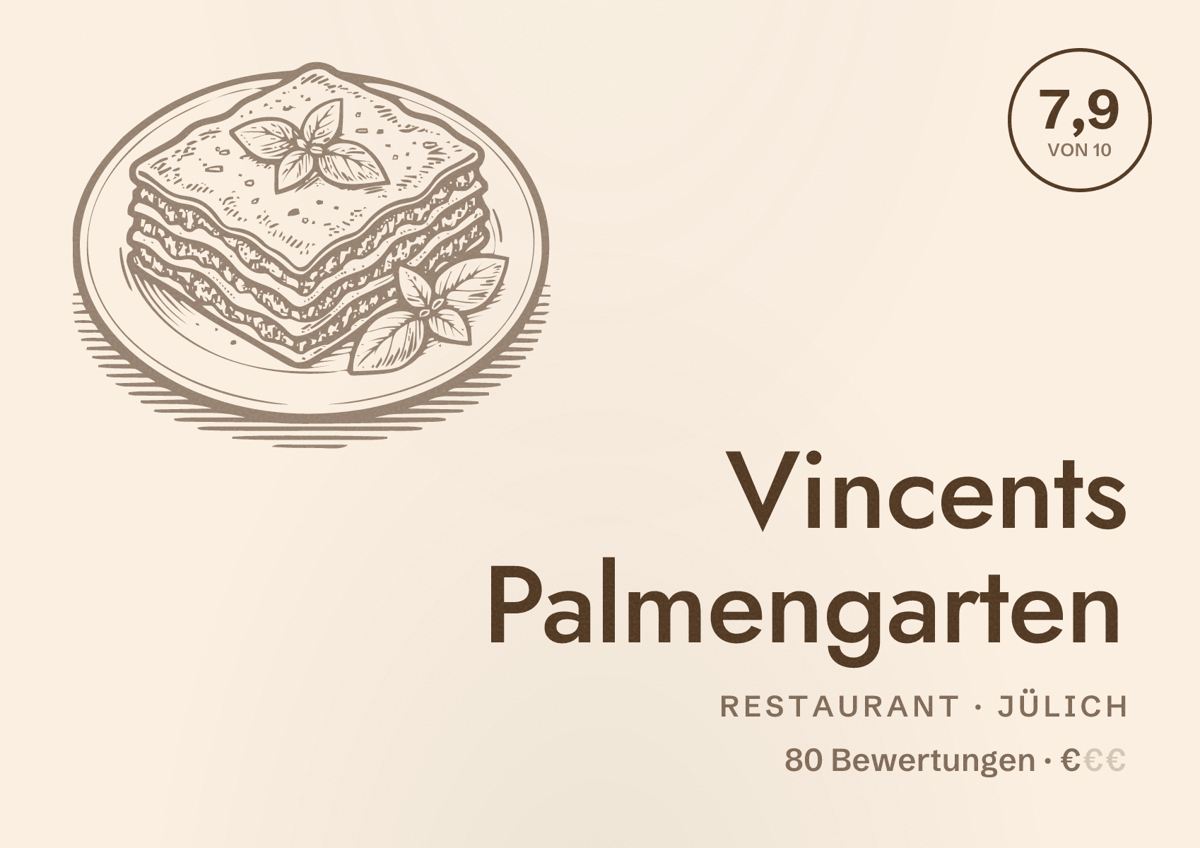 Illustriertes Poster von Vincents Palmengarten, Restaurant in Jülich: Bewertung 7,9 von 10 aus 80 Bewertungen, Preisniveau €