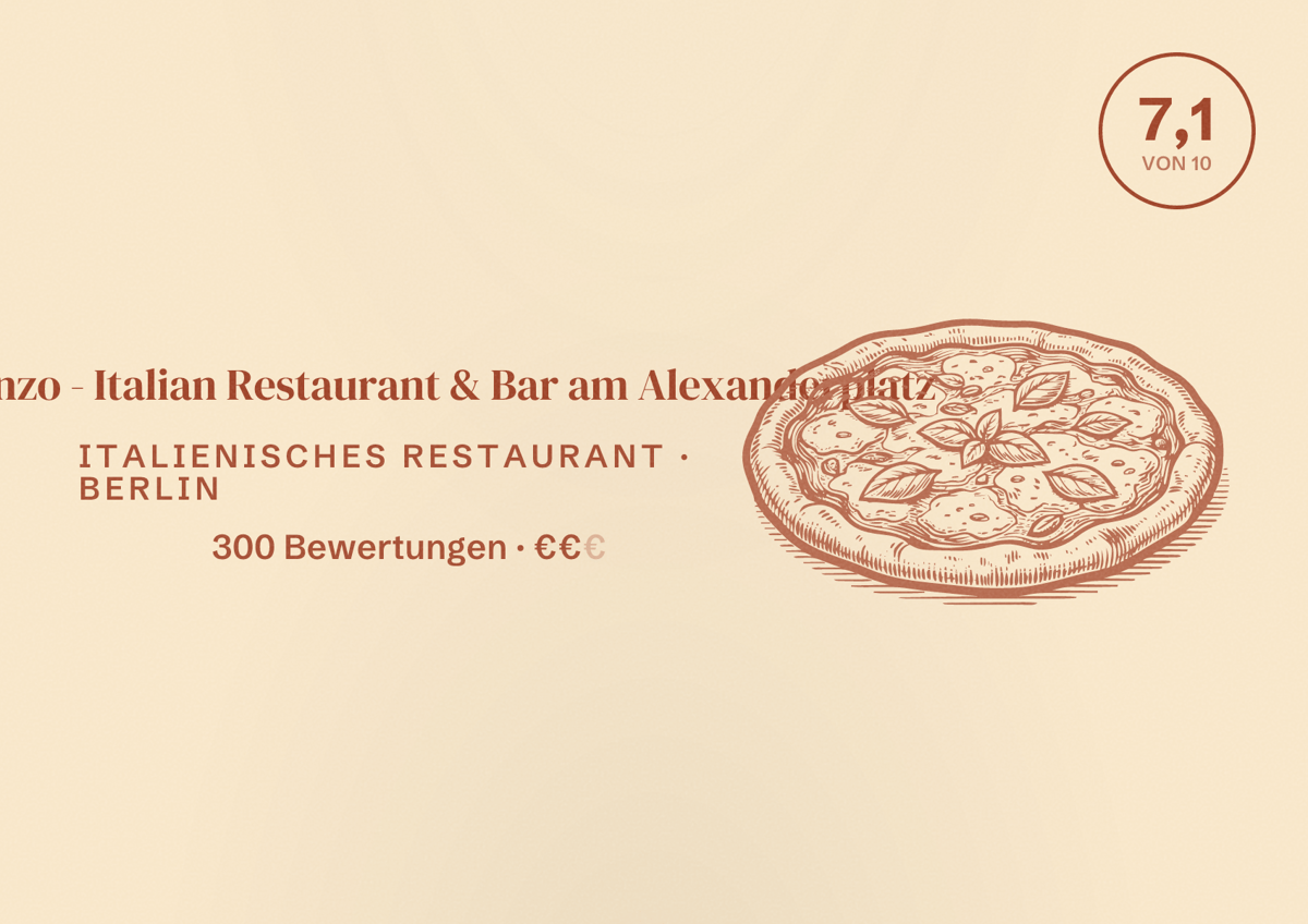 Illustriertes Poster von Vincenzo - Italian Restaurant & Bar am Alexanderplatz, Italienisches Restaurant in Berlin: Bewertung 7,1 von 10 aus 300 Bewertungen, Preisniveau €€