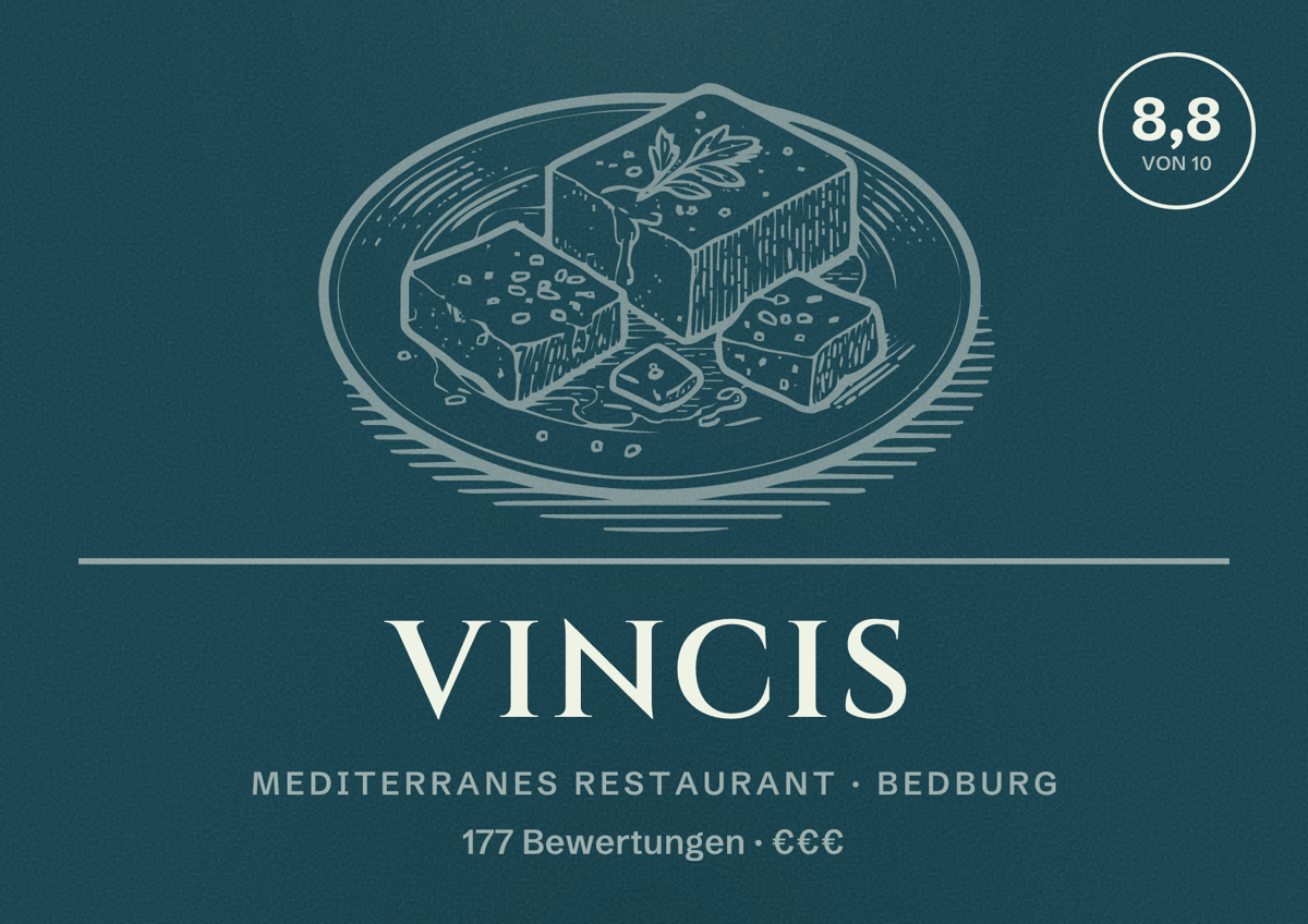 Illustriertes Poster von Vincis, Mediterranes Restaurant in Bedburg: Bewertung 8,8 von 10 aus 177 Bewertungen, Preisniveau €€€