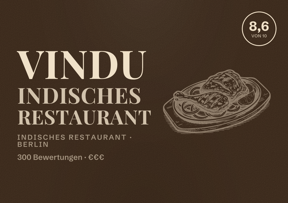 Illustriertes Poster von Vindu Indisches Restaurant, Indisches Restaurant in Berlin: Bewertung 8,6 von 10 aus 300 Bewertungen, Preisniveau €€€