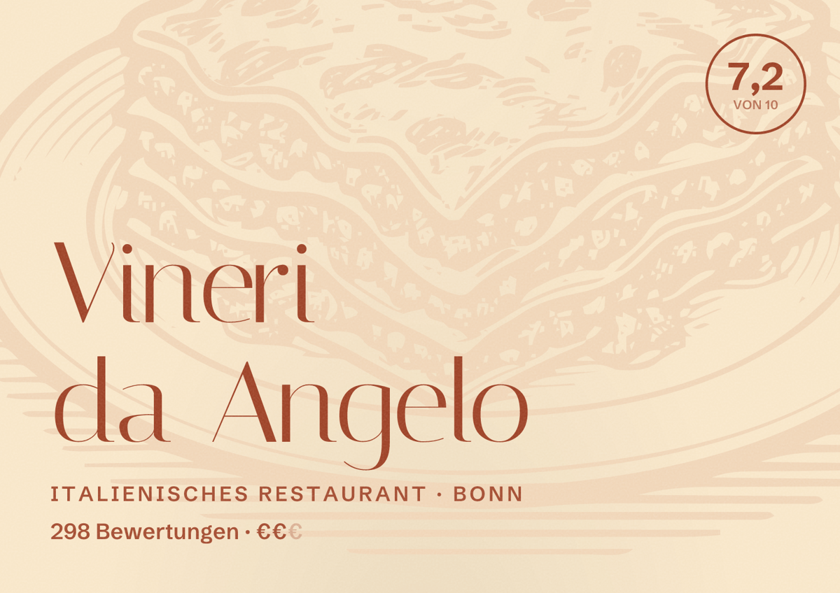 Illustriertes Poster von Vineri da Angelo, Italienisches Restaurant in Bonn: Bewertung 7,2 von 10 aus 298 Bewertungen, Preisniveau €€