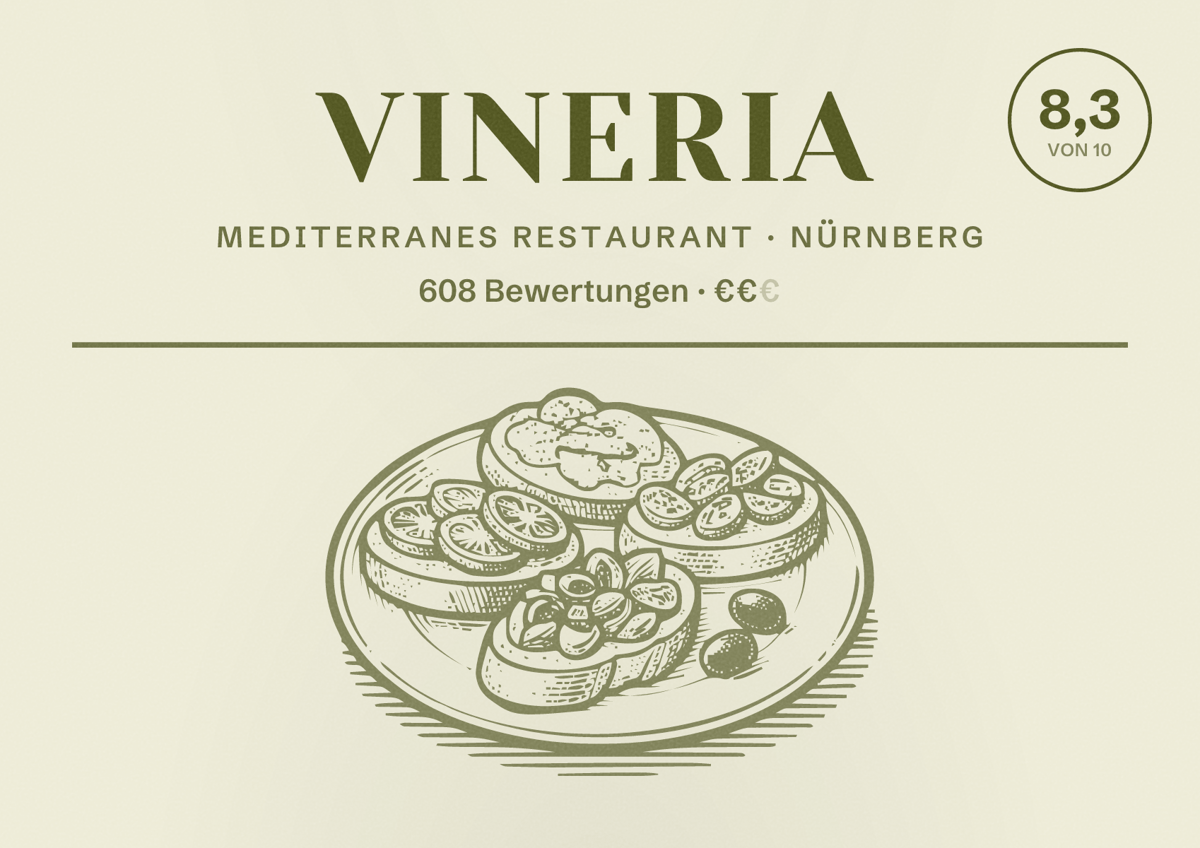 Illustriertes Poster von VINERIA, Mediterranes Restaurant in Nürnberg: Gästebewertung 8,3 von 10 aus 608 Bewertungen