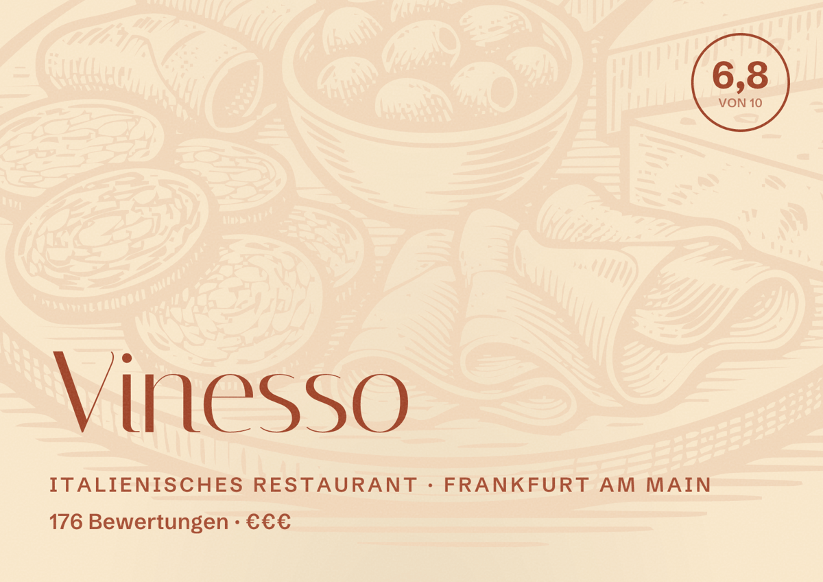 Illustriertes Poster von Vinesso, Italienisches Restaurant in Frankfurt am Main: Bewertung 6,8 von 10 aus 176 Bewertungen, Preisniveau €€€