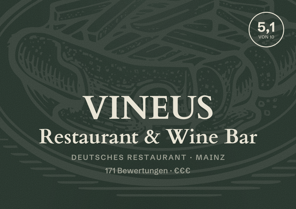 Illustriertes Poster von VINEUS Restaurant & Wine Bar, Deutsches Restaurant in Mainz: Bewertung 5,1 von 10 aus 171 Bewertungen, Preisniveau €€€