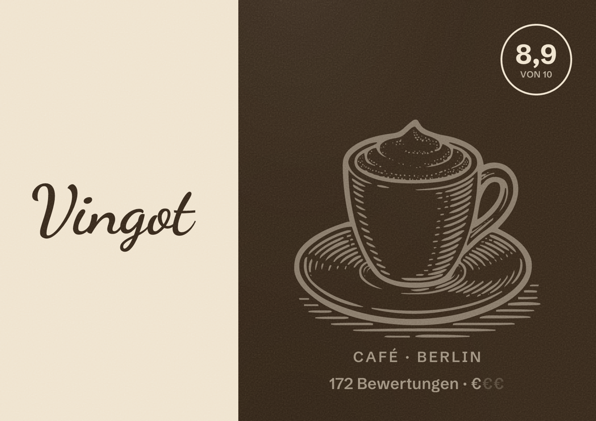 Illustriertes Poster von Vingot, Café in Berlin: Bewertung 8,9 von 10 aus 172 Bewertungen, Preisniveau €