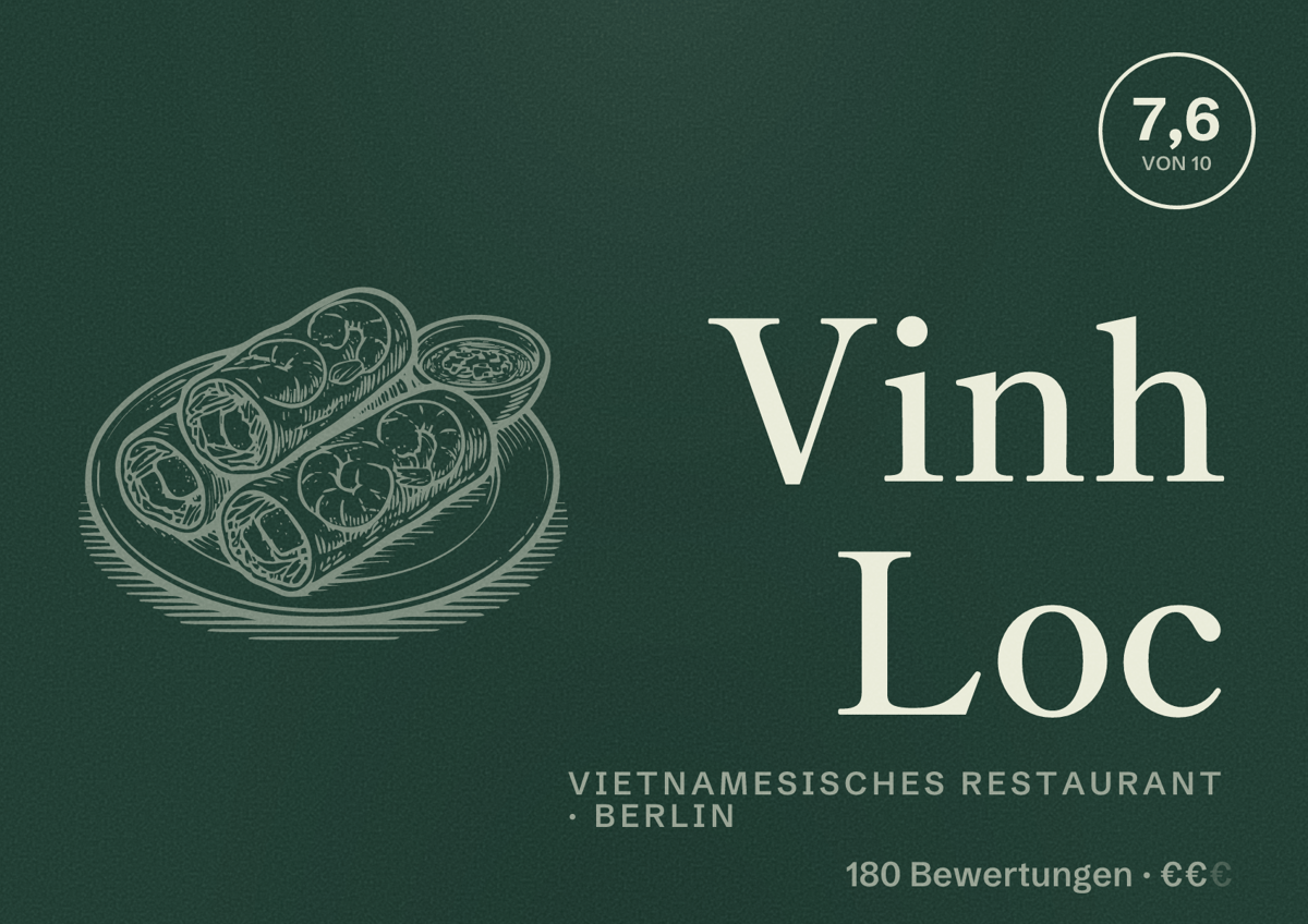 Illustriertes Poster von Vinh Loc, Vietnamesisches Restaurant in Berlin: Bewertung 7,6 von 10 aus 180 Bewertungen, Preisniveau €€