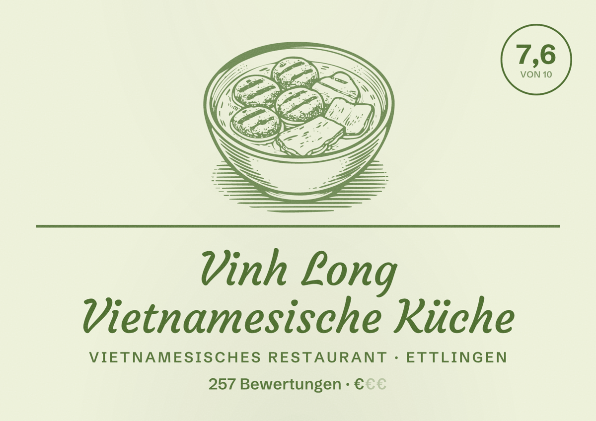 Illustriertes Poster von Vinh Long Vietnamesische Küche, Vietnamesisches Restaurant in Ettlingen: Bewertung 7,6 von 10 aus 257 Bewertungen, Preisniveau €