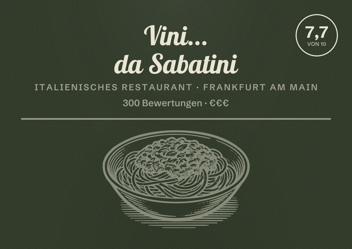 Illustriertes Poster von Vini... da Sabatini, Italienisches Restaurant in Frankfurt am Main: Bewertung 7,7 von 10 aus 300 Bewertungen, Preisniveau €€€