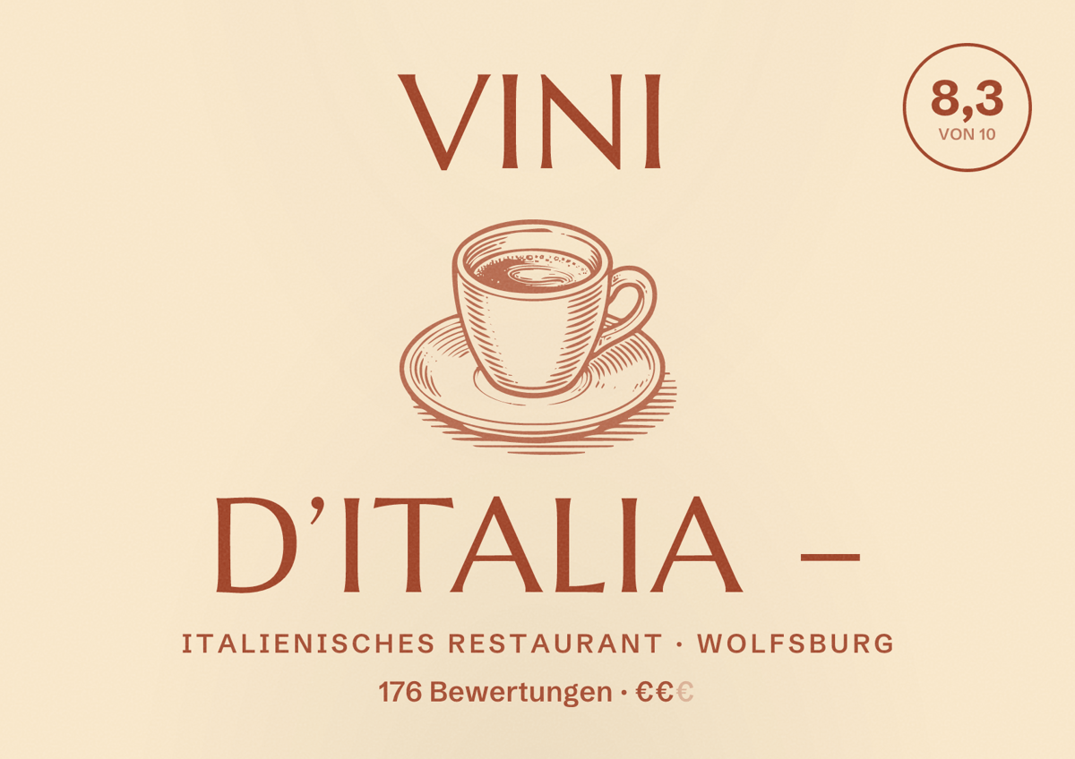 Illustriertes Poster von Vini D’Italia –, Italienisches Restaurant in Wolfsburg: Bewertung 8,3 von 10 aus 176 Bewertungen, Preisniveau €€