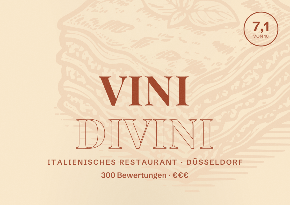 Illustriertes Poster von Vini Divini, Italienisches Restaurant in Düsseldorf: Bewertung 7,1 von 10 aus 300 Bewertungen, Preisniveau €€€