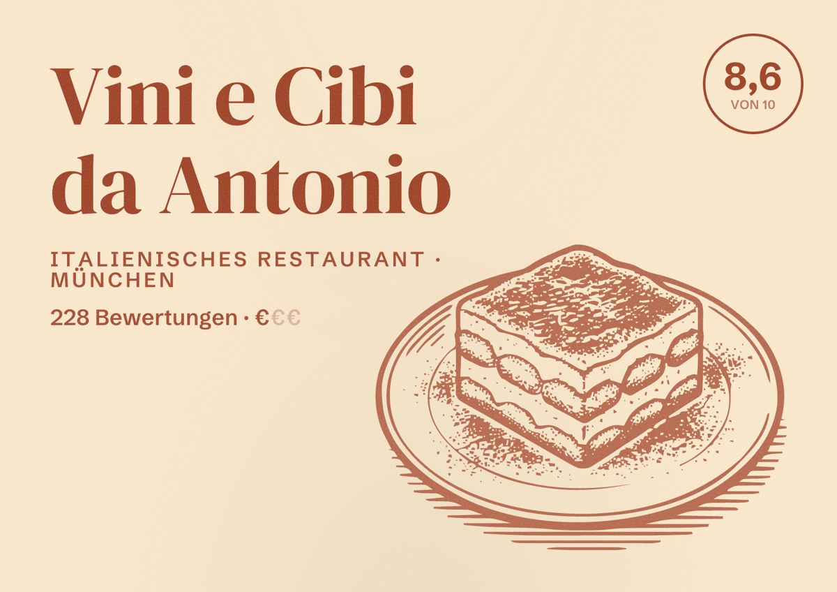 Illustriertes Poster von Vini e Cibi da Antonio, Italienisches Restaurant in München: Bewertung 8,6 von 10 aus 228 Bewertungen, Preisniveau €