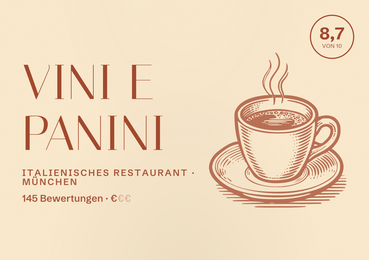 Illustriertes Poster von Vini e Panini, Italienisches Restaurant in München: Bewertung 8,7 von 10 aus 145 Bewertungen, Preisniveau €
