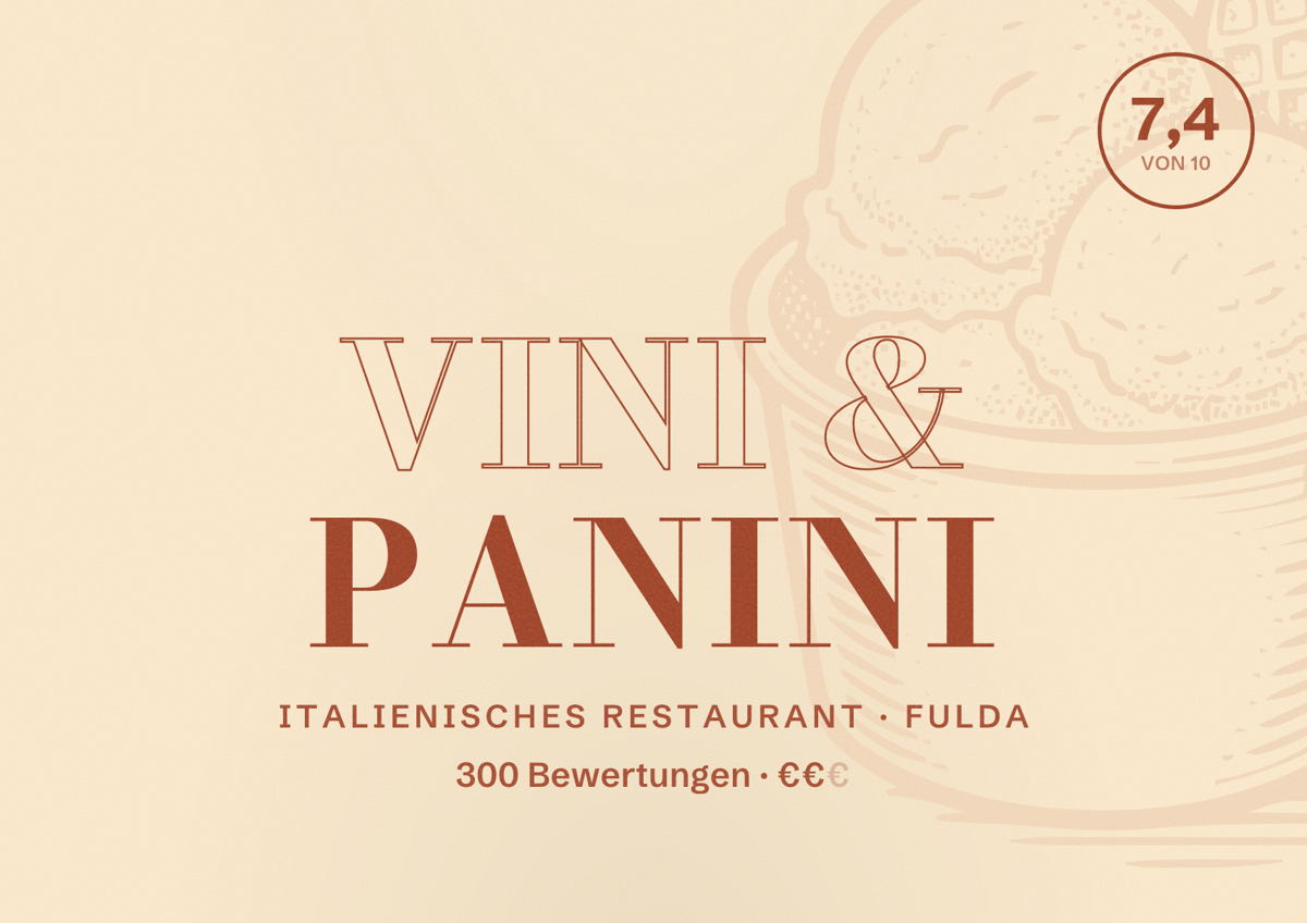 Illustriertes Poster von Vini & Panini, Italienisches Restaurant in Fulda: Bewertung 7,4 von 10 aus 300 Bewertungen, Preisniveau €€