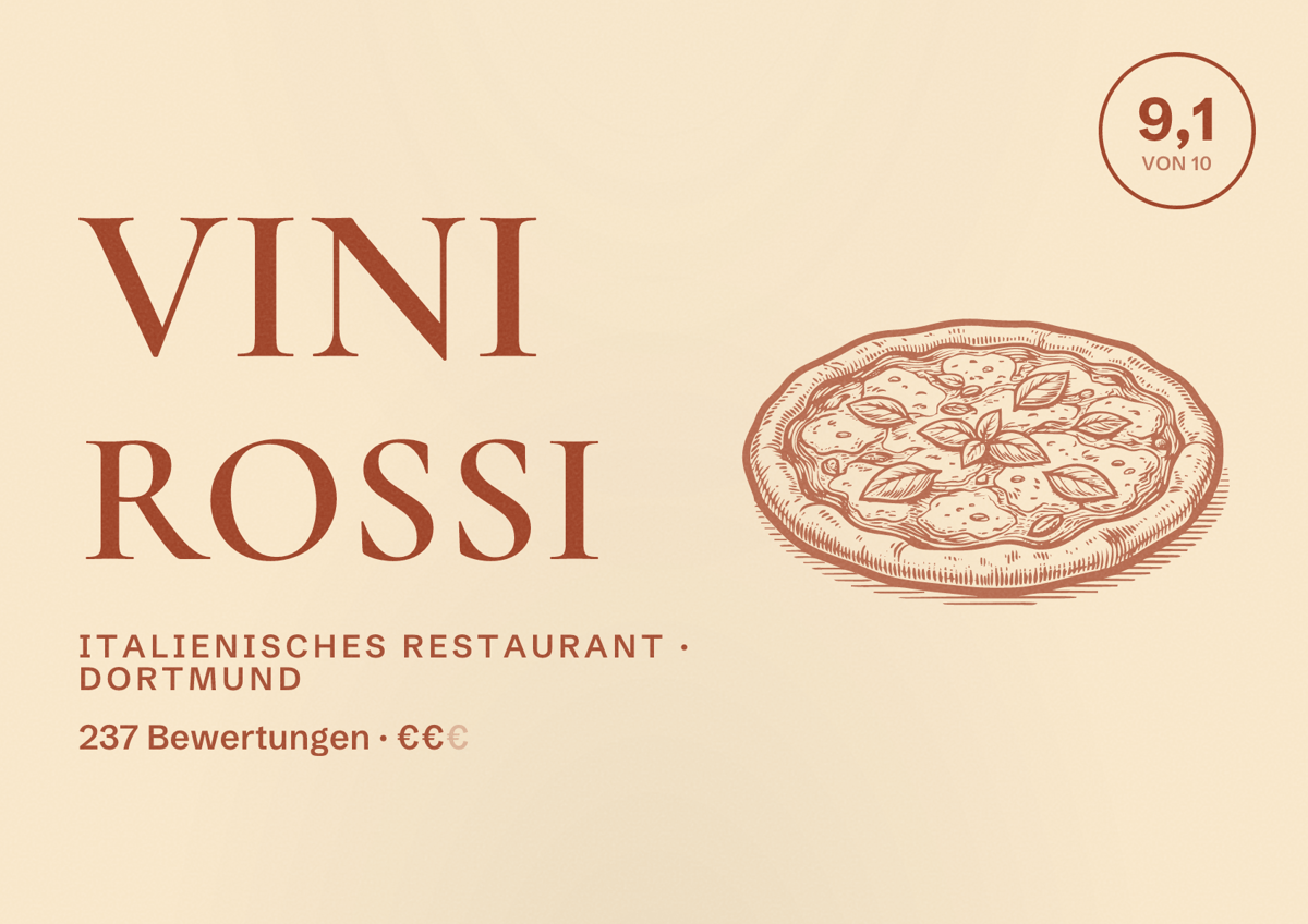 Illustriertes Poster von Vini Rossi, Italienisches Restaurant in Dortmund: Bewertung 9,1 von 10 aus 237 Bewertungen, Preisniveau €€