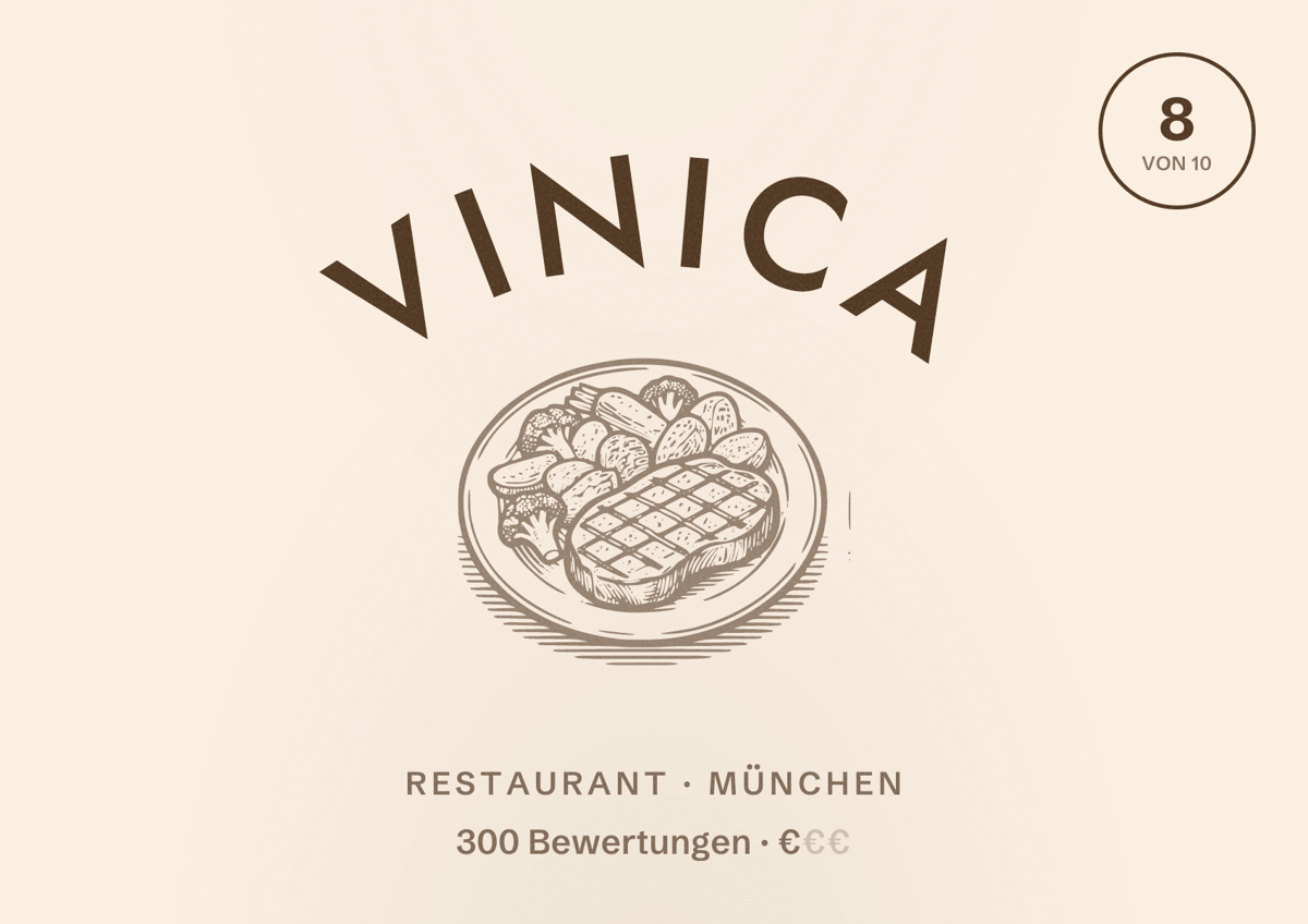 Illustriertes Poster von Vinica, Restaurant in München: Bewertung 8 von 10 aus 300 Bewertungen, Preisniveau €