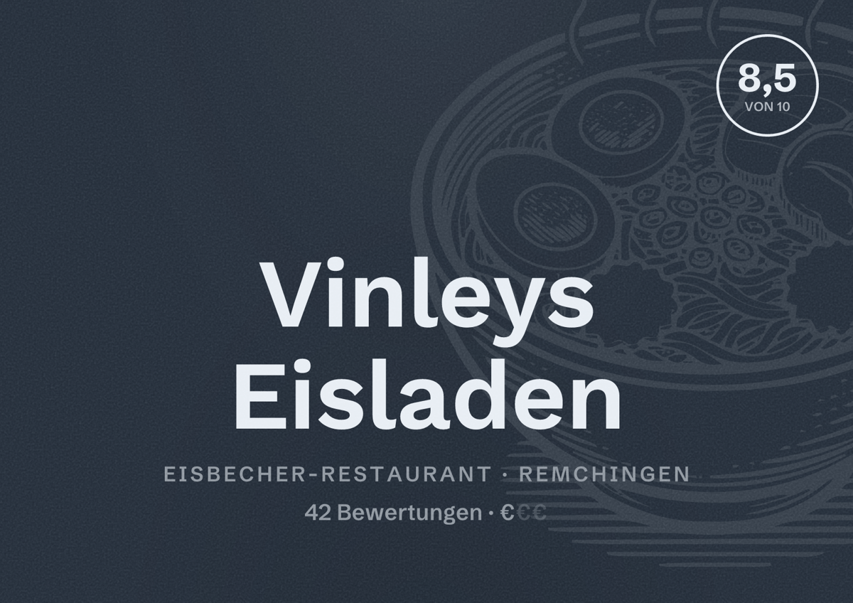 Illustriertes Poster von Vinleys Eisladen, Eisbecher-Restaurant in Remchingen: Bewertung 8,5 von 10 aus 42 Bewertungen, Preisniveau €