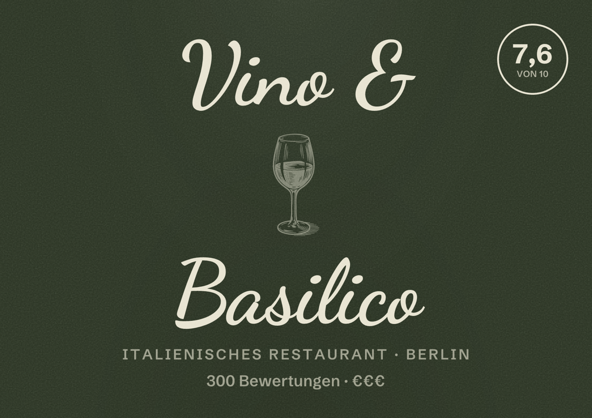 Illustriertes Poster von Vino & Basilico, Italienisches Restaurant in Berlin: Bewertung 7,6 von 10 aus 300 Bewertungen, Preisniveau €€€