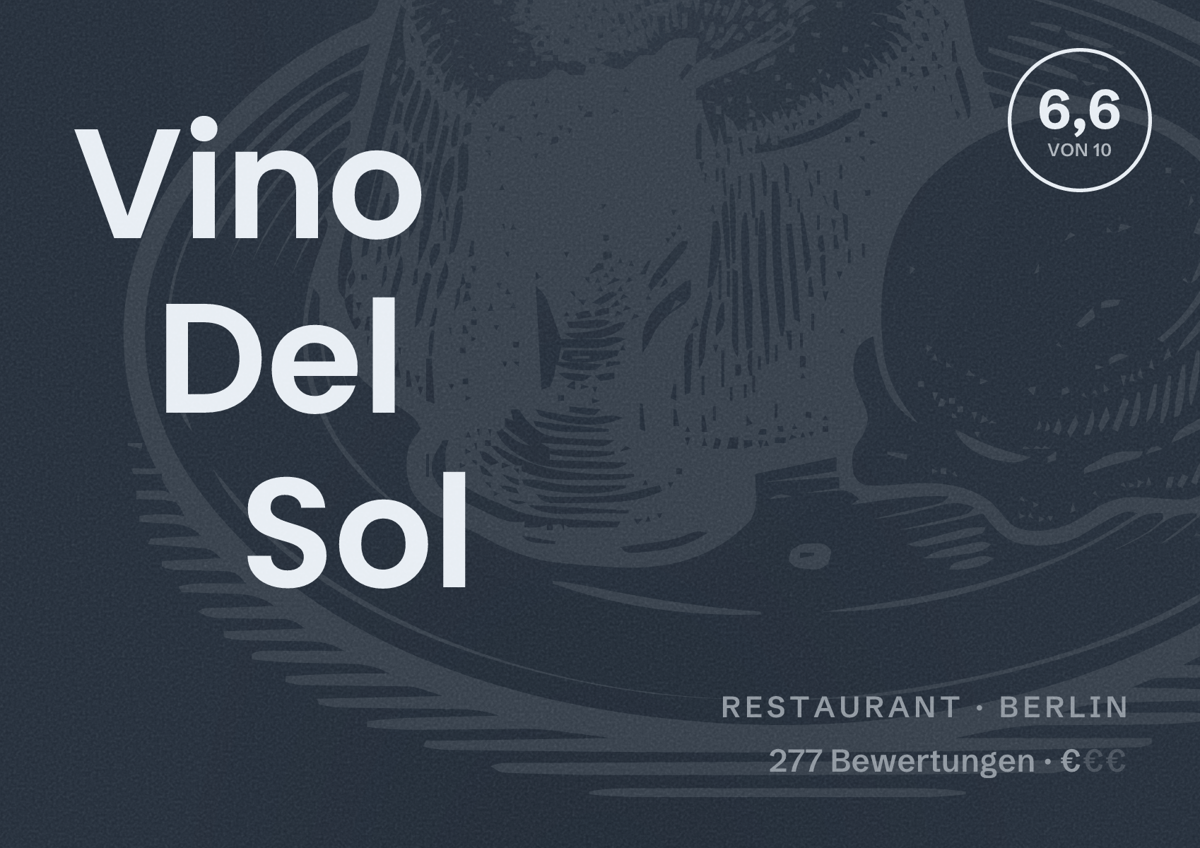 Illustriertes Poster von Vino Del Sol, Restaurant in Berlin: Bewertung 6,6 von 10 aus 277 Bewertungen, Preisniveau €