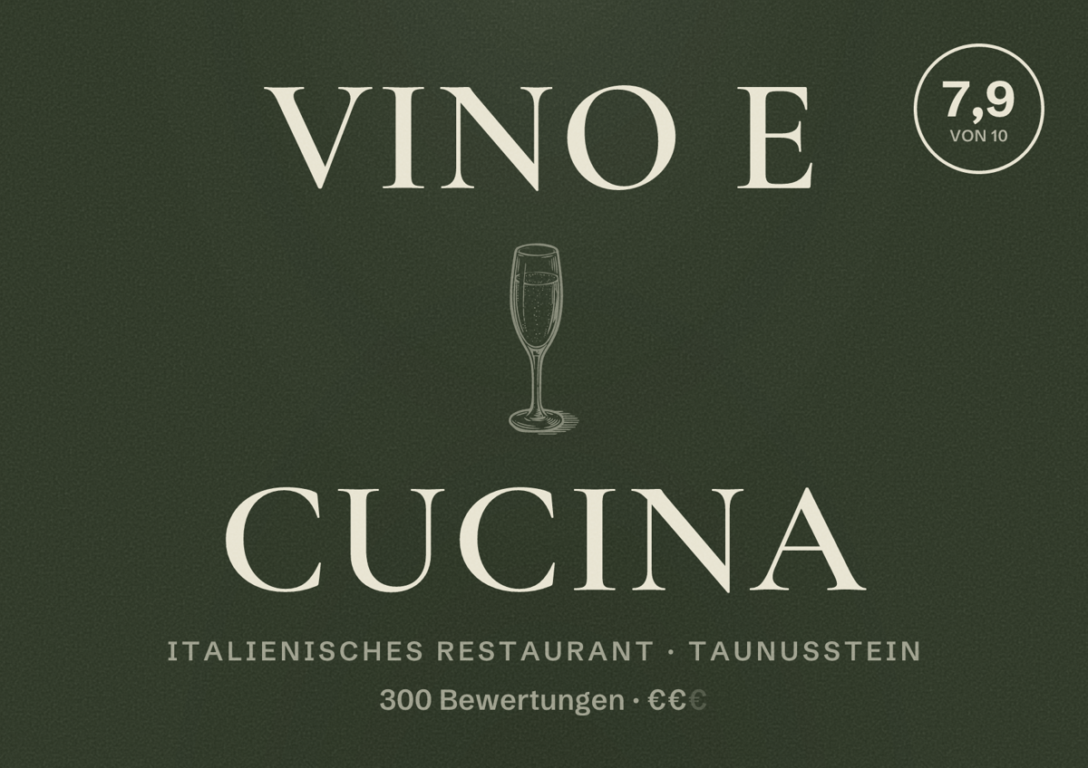 Illustriertes Poster von vino e cucina, Italienisches Restaurant in Taunusstein: Bewertung 7,9 von 10 aus 300 Bewertungen, Preisniveau €€