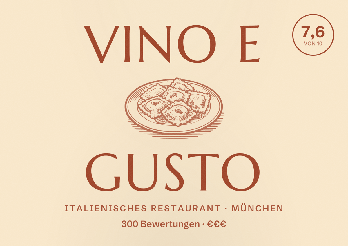 Illustriertes Poster von Vino e Gusto, Italienisches Restaurant in München: Bewertung 7,6 von 10 aus 300 Bewertungen, Preisniveau €€€