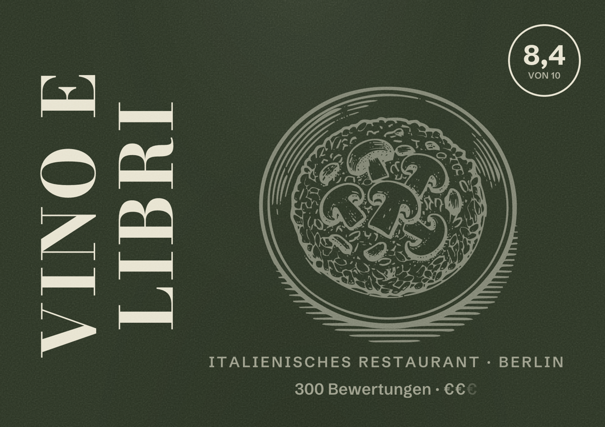 Illustriertes Poster von Vino e libri, Italienisches Restaurant in Berlin: Bewertung 8,4 von 10 aus 300 Bewertungen, Preisniveau €€
