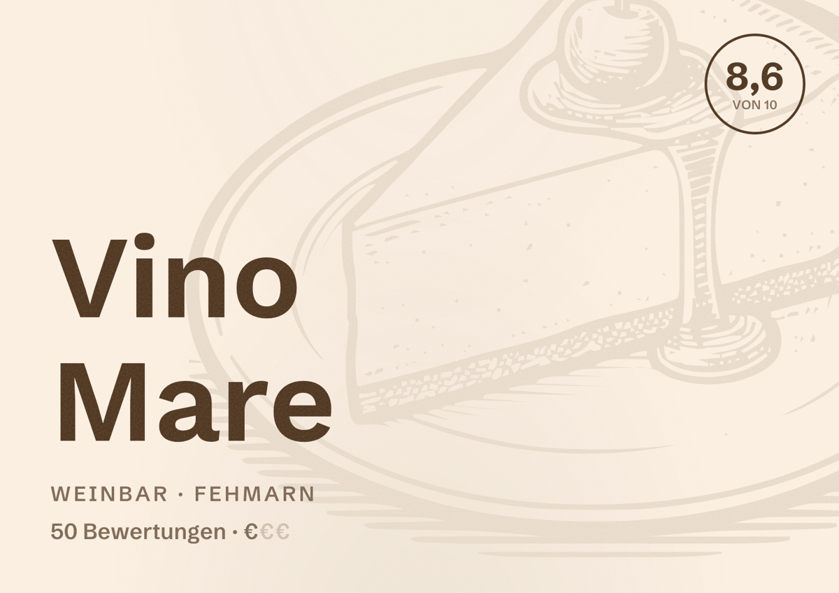 Illustriertes Poster von Vino Mare, Weinbar in Fehmarn: Bewertung 8,6 von 10 aus 50 Bewertungen, Preisniveau €