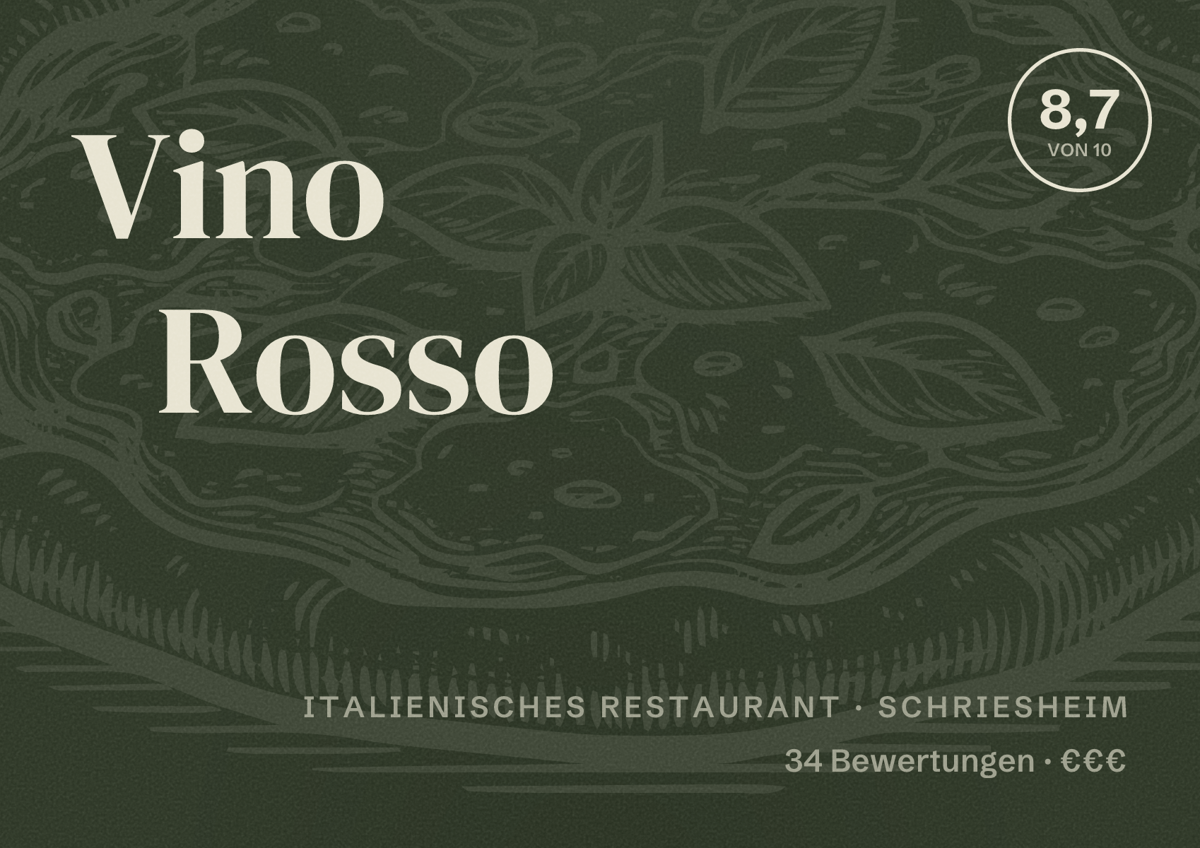 Illustriertes Poster von Vino Rosso, Italienisches Restaurant in Schriesheim: Bewertung 8,7 von 10 aus 34 Bewertungen, Preisniveau €€€