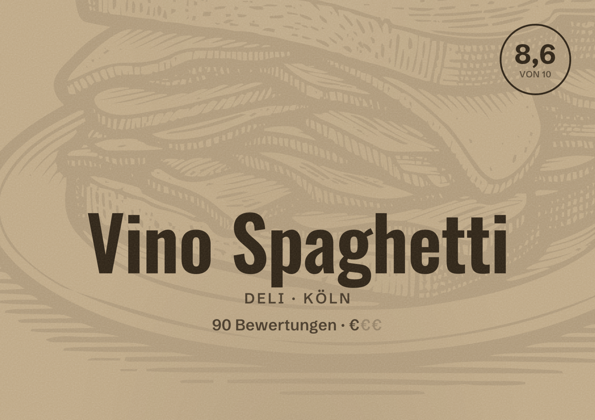 Illustriertes Poster von Vino Spaghetti, Deli in Köln: Bewertung 8,6 von 10 aus 90 Bewertungen, Preisniveau €