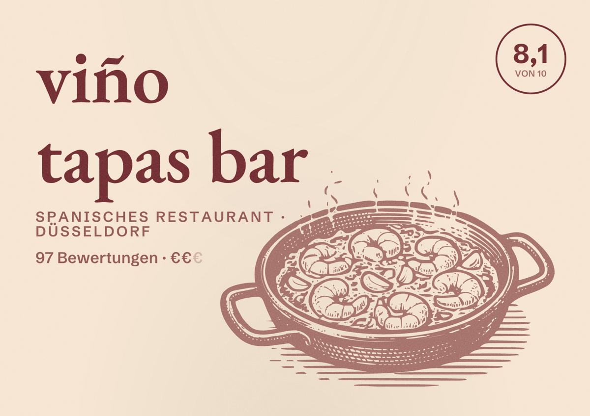 Illustriertes Poster von viño tapas bar, Spanisches Restaurant in Düsseldorf: Bewertung 8,1 von 10 aus 97 Bewertungen, Preisniveau €€