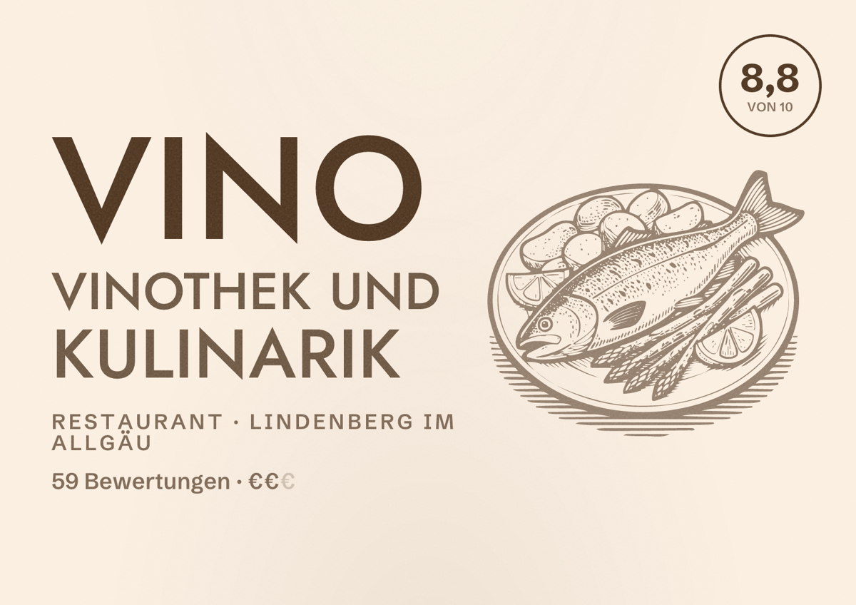 Illustriertes Poster von Vino Vinothek und Kulinarik, Restaurant in Lindenberg im Allgäu: Bewertung 8,8 von 10 aus 59 Bewertungen, Preisniveau €€