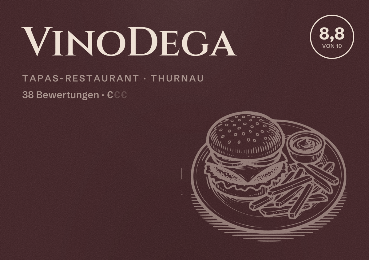 Illustriertes Poster von VinoDega, Tapas-Restaurant in Thurnau: Bewertung 8,8 von 10 aus 38 Bewertungen, Preisniveau €