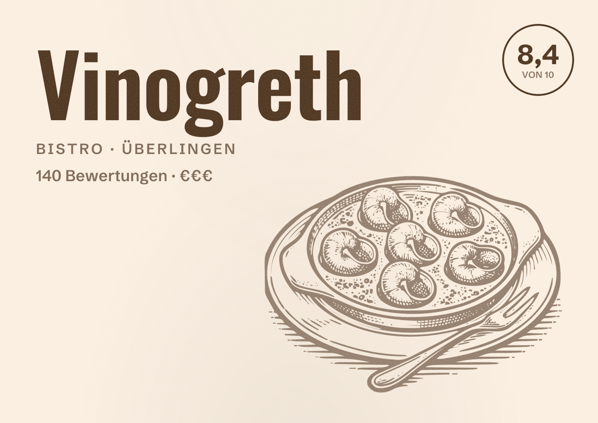 Illustriertes Poster von Vinogreth, Bistro in Überlingen: Bewertung 8,4 von 10 aus 140 Bewertungen, Preisniveau €€€