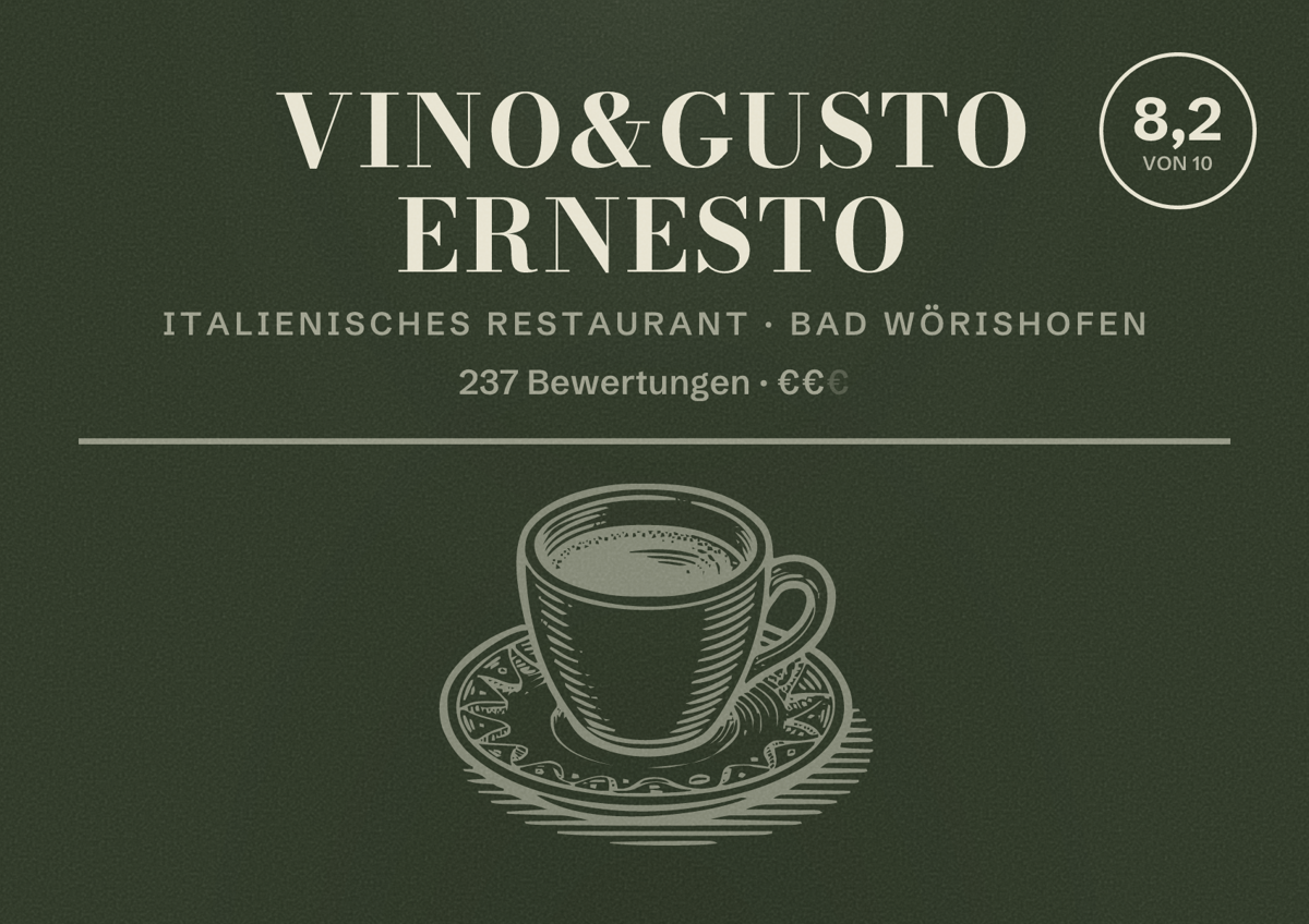 Illustriertes Poster von Vino&Gusto Ernesto, Italienisches Restaurant in Bad Wörishofen: Bewertung 8,2 von 10 aus 237 Bewertungen, Preisniveau €€