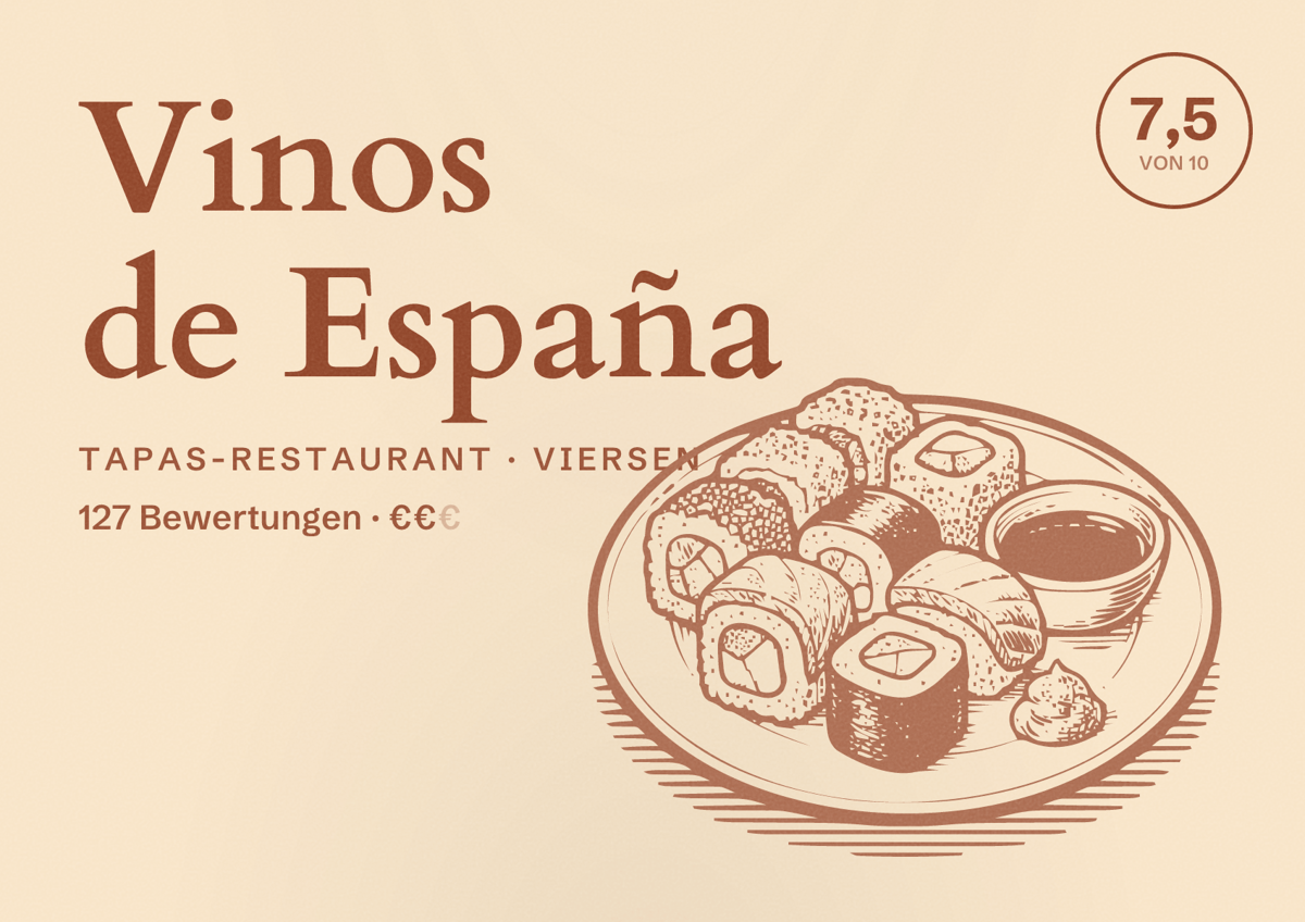 Illustriertes Poster von Vinos de España, Tapas-Restaurant in Viersen: Bewertung 7,5 von 10 aus 127 Bewertungen, Preisniveau €€