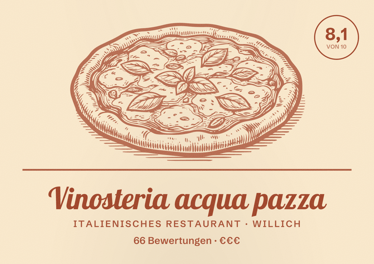 Illustriertes Poster von Vinosteria acqua pazza, Italienisches Restaurant in Willich: Bewertung 8,1 von 10 aus 66 Bewertungen, Preisniveau €€€