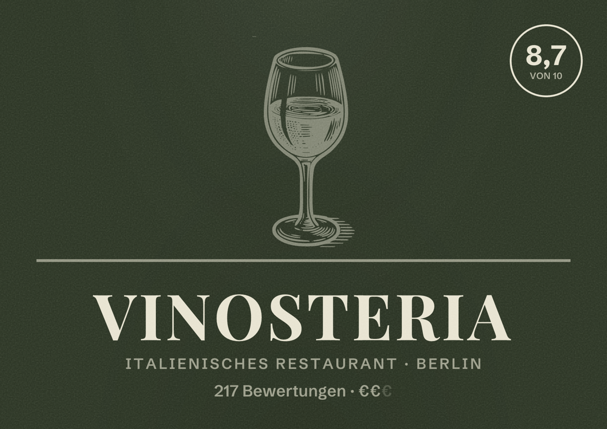 Illustriertes Poster von VinOsteria, Italienisches Restaurant in Berlin: Bewertung 8,7 von 10 aus 217 Bewertungen, Preisniveau €€